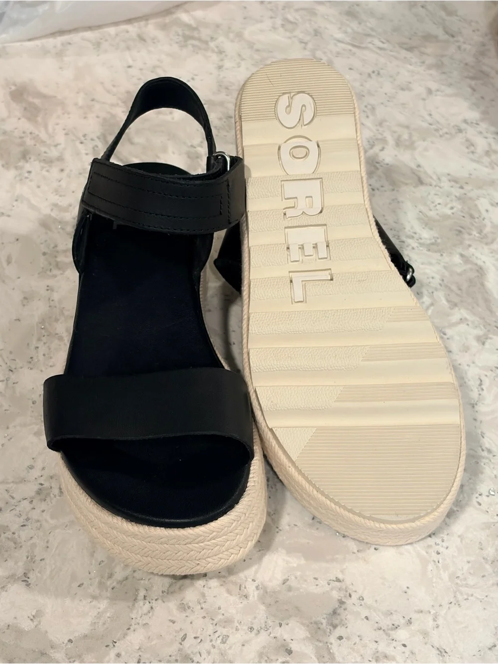 NWOT. Sorel Cameron Black Espadrille Sandals with Ankle Strap. Size 7.5.